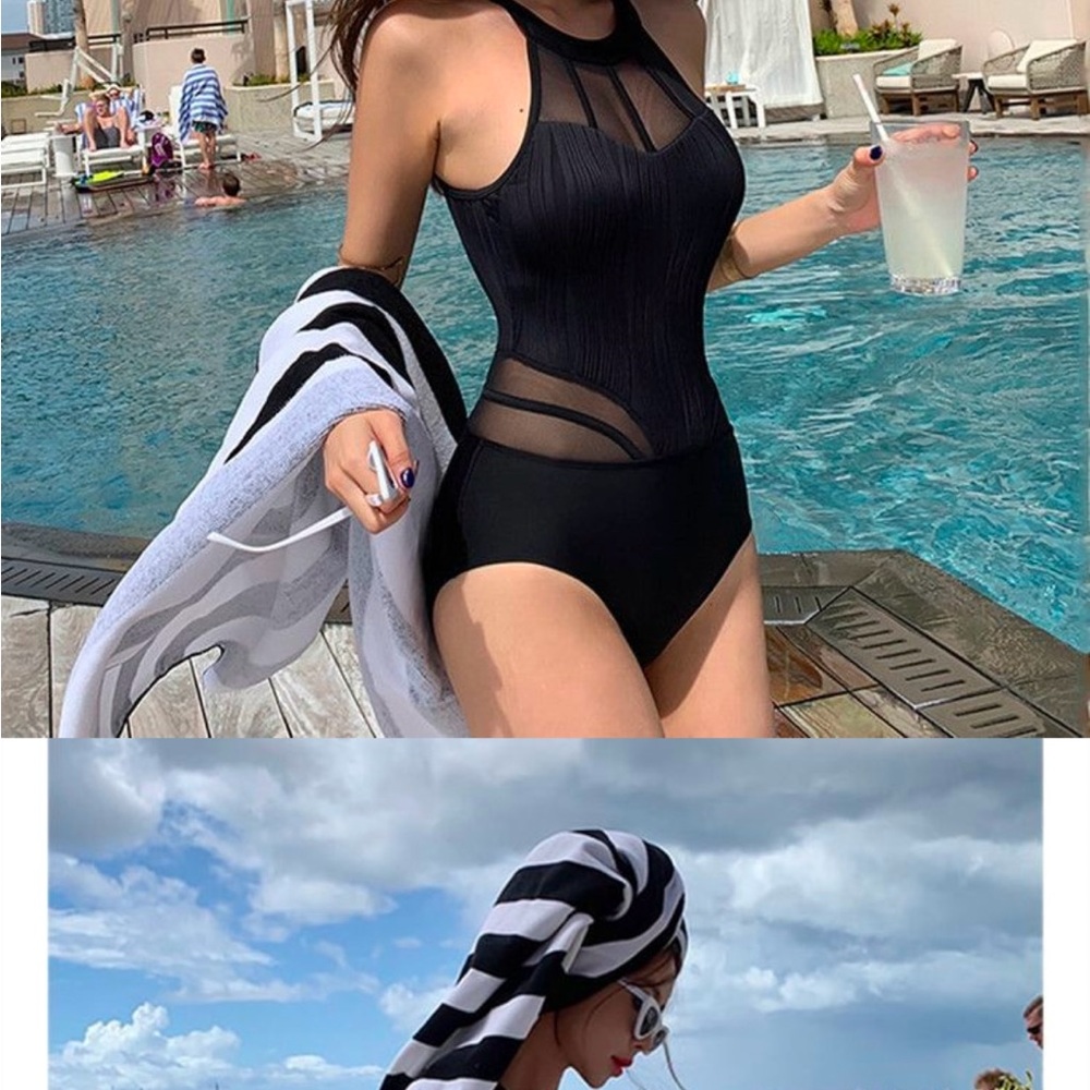 Black sexy bathing suit halter mesh slim